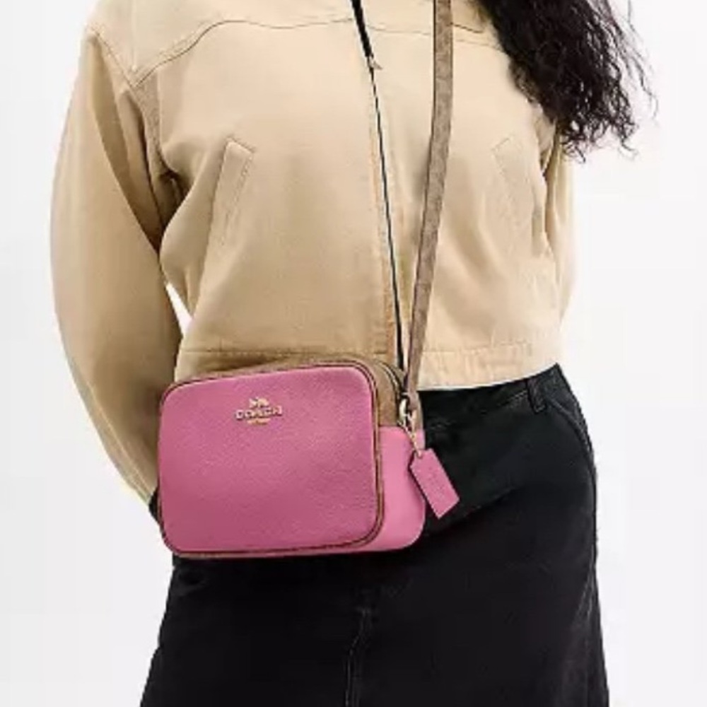 Coach Jamie Pink Tan Leather Crossbody Camera Bag CBM24 Signature Trim Print - Picture 2 of 16